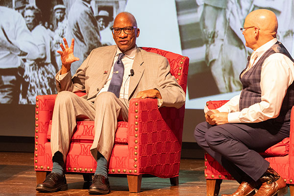 Wil Haygood, left, and Miami University President Gregory Crawford