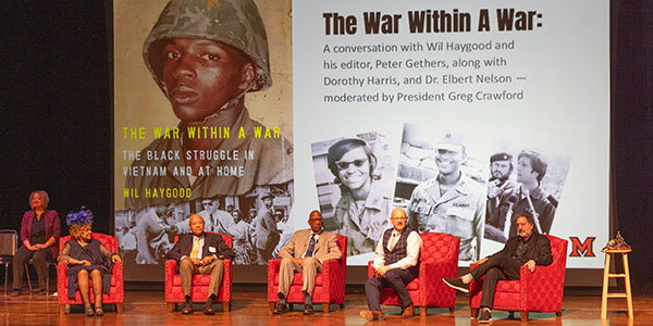 From left, Dorothy Harris, Dr. Elbert Nelson, Wil Haygood, Miami University President Gregory Crawford, Peter Gethers